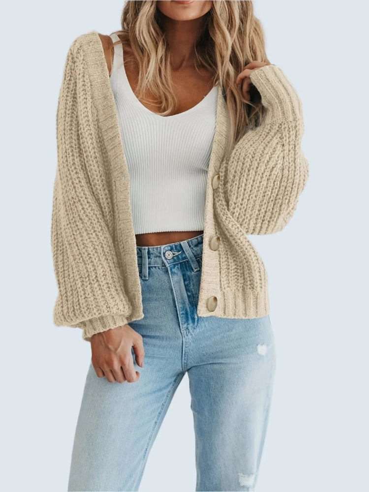 Damen Strick Cardigan mit langen Ärmeln V Ausschnitt und großen Knöpfen