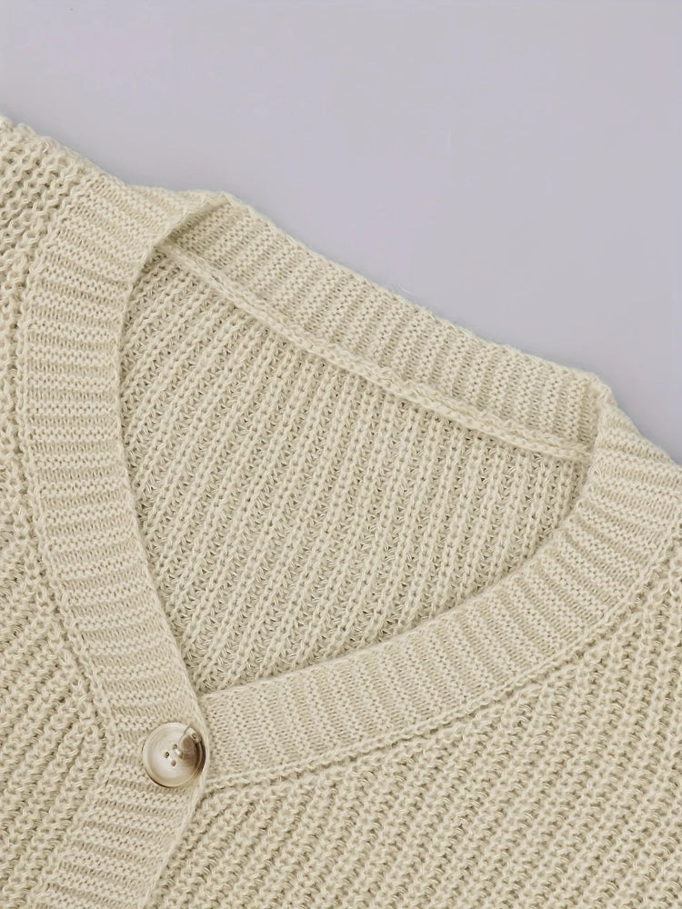 Damen Strick Cardigan mit langen Ärmeln V Ausschnitt und großen Knöpfen