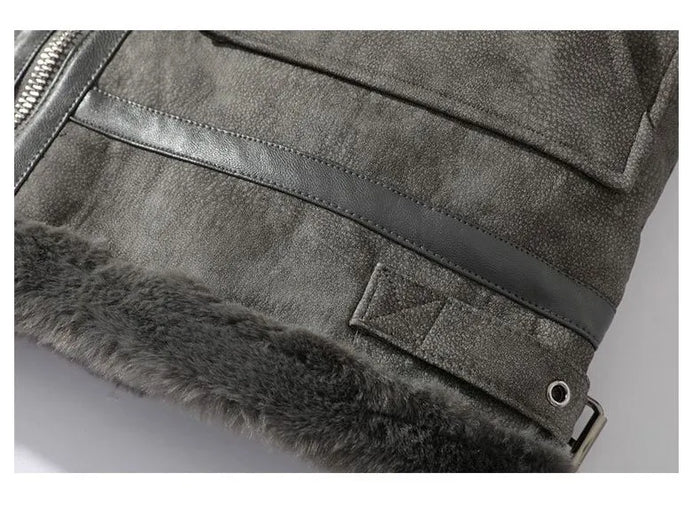 Damen Aviator Jacke aus Kunstpelz Anthrazitgrau mit Reißverschluss