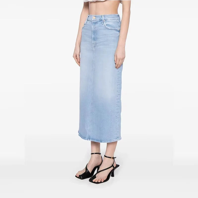 Damen Midi Jeansrock mit hoher Taille und Schlitz hinten