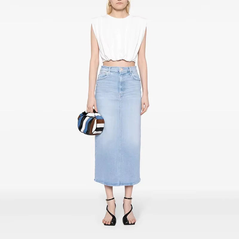 Damen Midi Jeansrock mit hoher Taille und Schlitz hinten