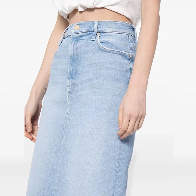 Damen Midi Jeansrock mit hoher Taille und Schlitz hinten