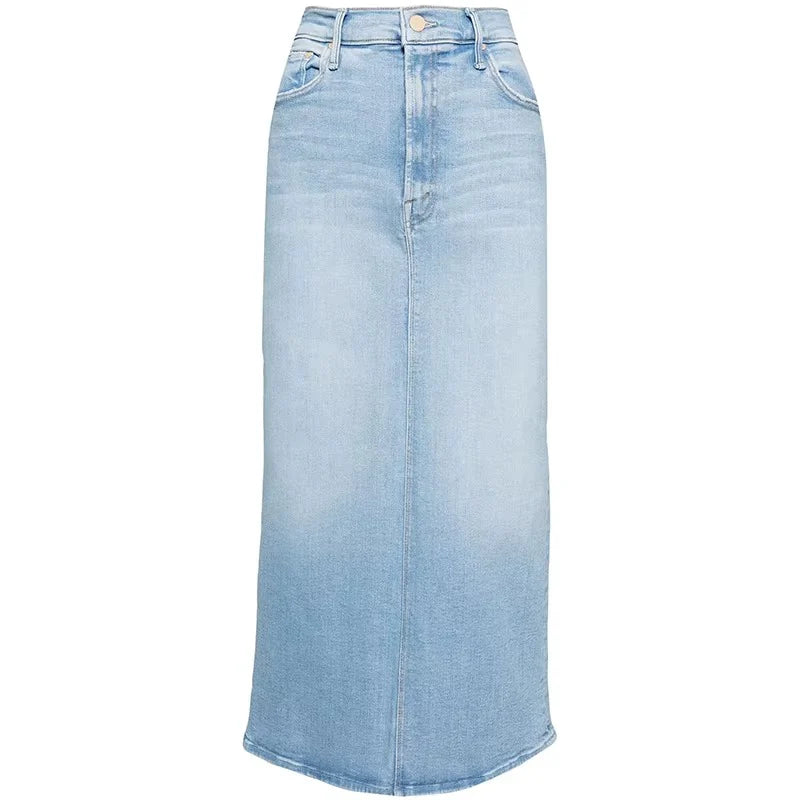 Damen Midi Jeansrock mit hoher Taille und Schlitz hinten