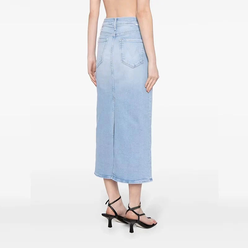 Damen Midi Jeansrock mit hoher Taille und Schlitz hinten