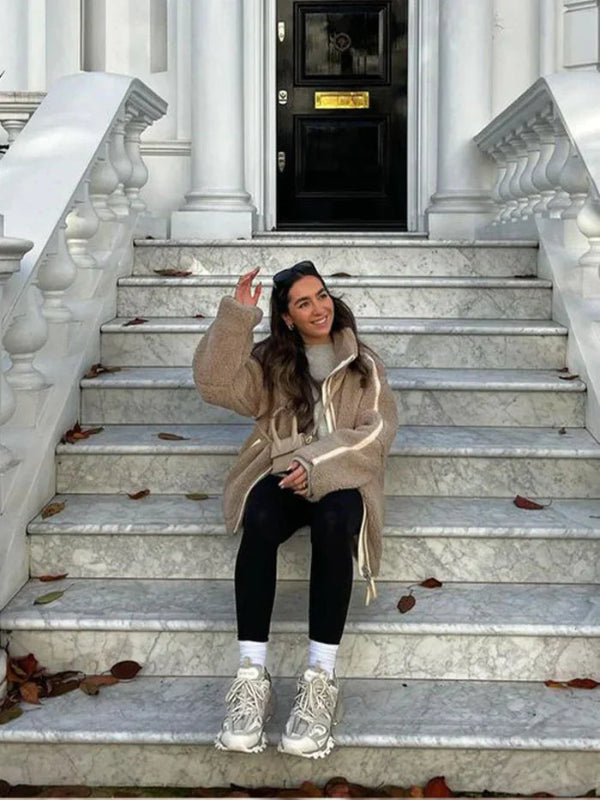 Damen Oversize Jacke aus Kunstpelz im Shearling Look mit Reißverschluss