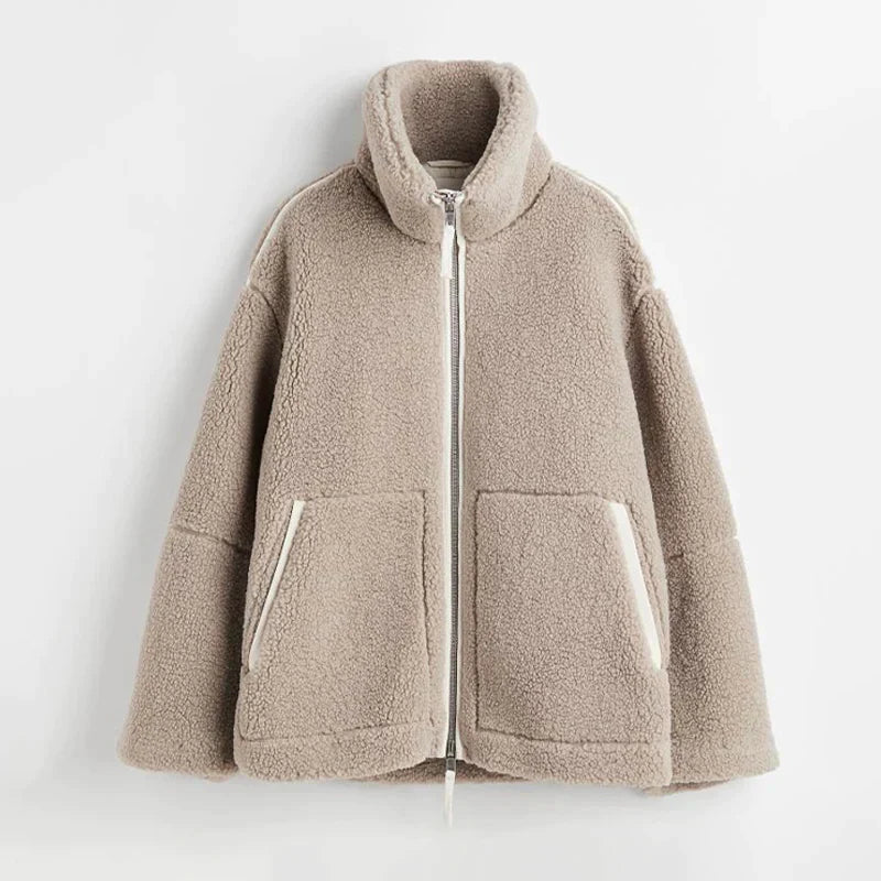 Damen Oversize Jacke aus Kunstpelz im Shearling Look mit Reißverschluss