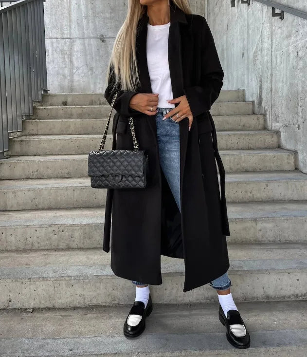 Damen Mantel in Langform mit Doppelreihe und klassischem Reverskragen