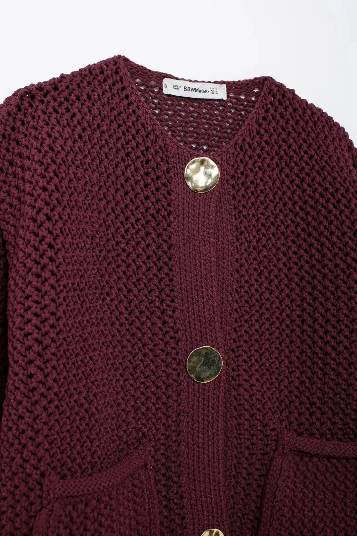 Damen Strick Cardigan mit langen Ärmeln goldfarbenen Knöpfen und Fronttaschen