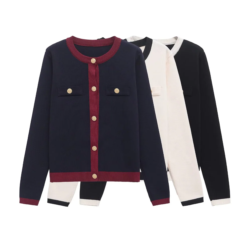 Damen Strick Cardigan mit goldfarbenen Knöpfen und Rundhalsausschnitt