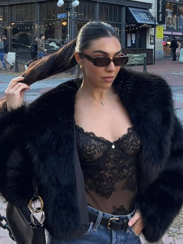 Damen Kunstfelljacke mit Stehkragen und langem Arm