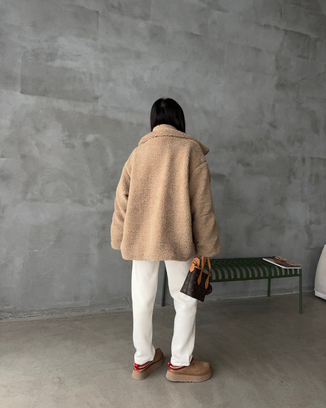 Damen Oversize Jacke aus Kunstpelz im Shearling Look mit Reißverschluss