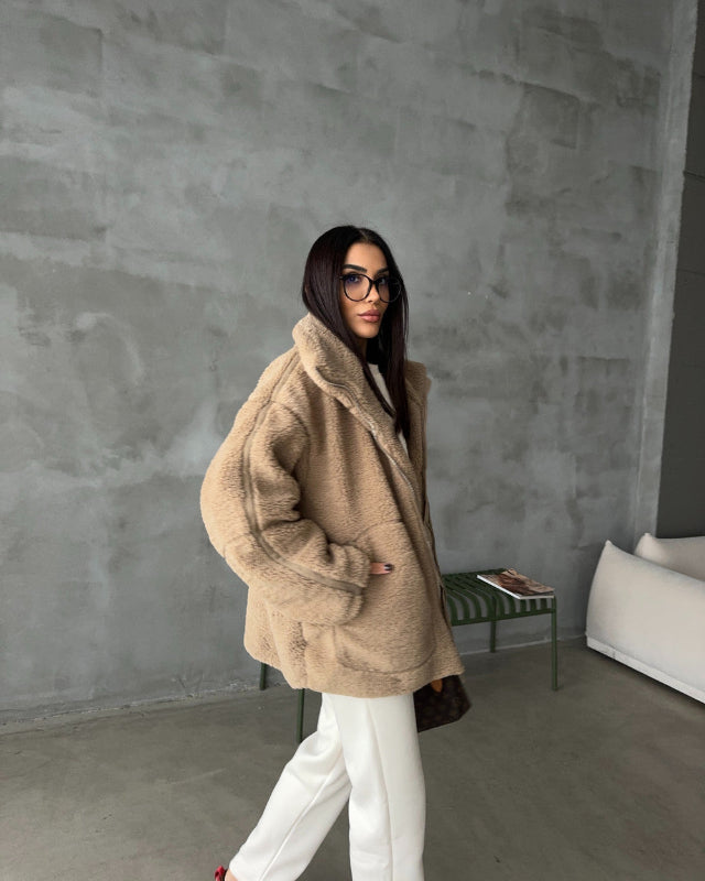 Damen Oversize Jacke aus Kunstpelz im Shearling Look mit Reißverschluss