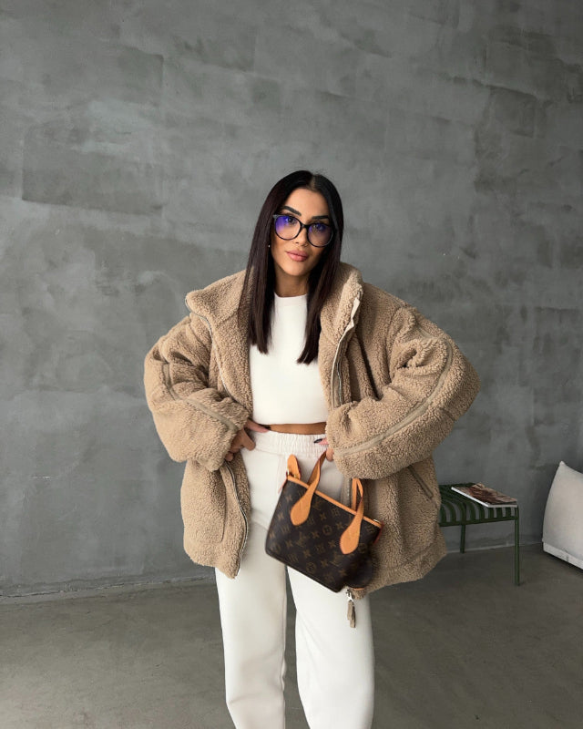 Damen Oversize Jacke aus Kunstpelz im Shearling Look mit Reißverschluss