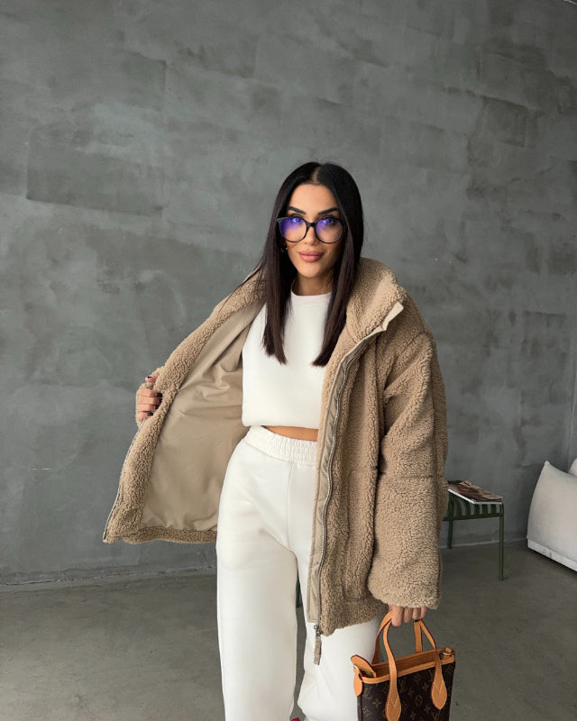 Damen Oversize Jacke aus Kunstpelz im Shearling Look mit Reißverschluss