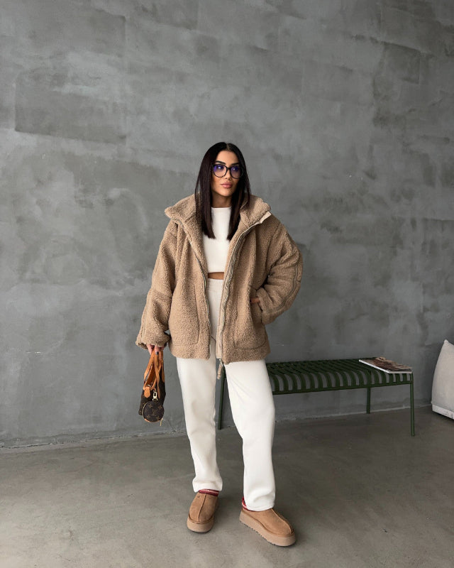 Damen Oversize Jacke aus Kunstpelz im Shearling Look mit Reißverschluss