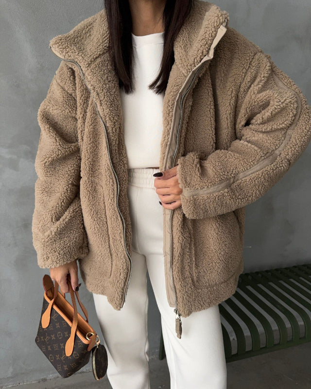 Damen Oversize Jacke aus Kunstpelz im Shearling Look mit Reißverschluss