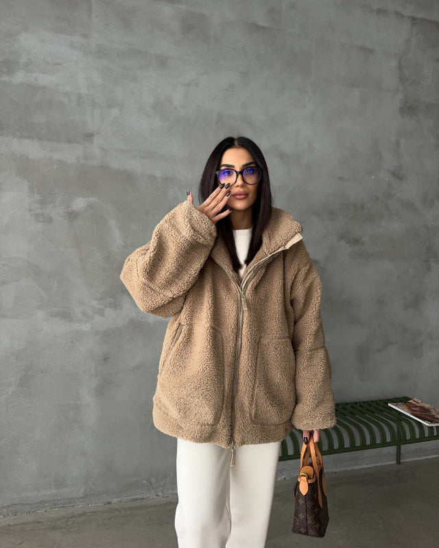 Damen Oversize Jacke aus Kunstpelz im Shearling Look mit Reißverschluss