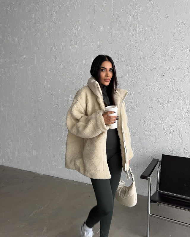 Damen Oversize Jacke aus Kunstpelz im Shearling Look mit Reißverschluss