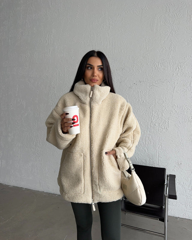 Damen Oversize Jacke aus Kunstpelz im Shearling Look mit Reißverschluss
