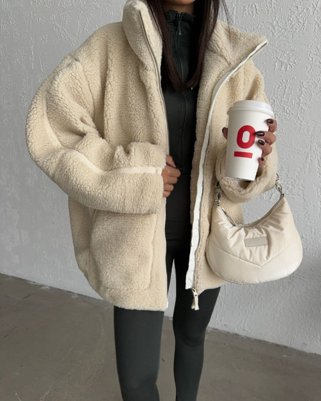 Damen Oversize Jacke aus Kunstpelz im Shearling Look mit Reißverschluss
