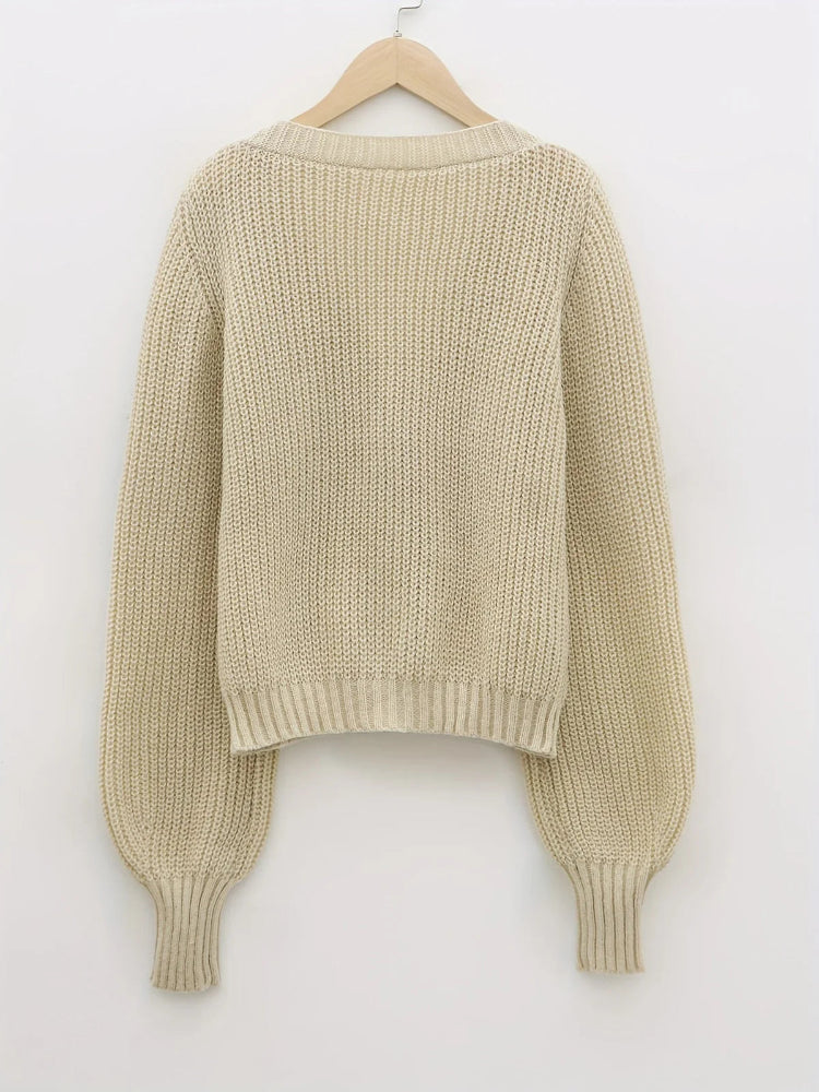 Damen Strick Cardigan mit langen Ärmeln V Ausschnitt und großen Knöpfen