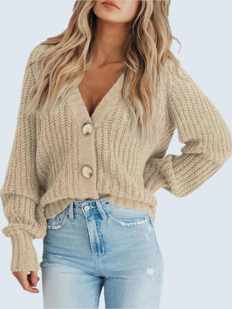 Damen Strick Cardigan mit langen Ärmeln V Ausschnitt und großen Knöpfen